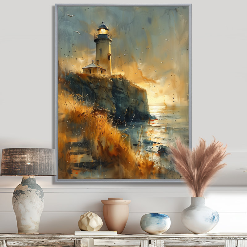 Gris, gris, orage, phare, falaise, été, phare, art mural, salon, Encadrement argenté, H 12 po x l 20 po