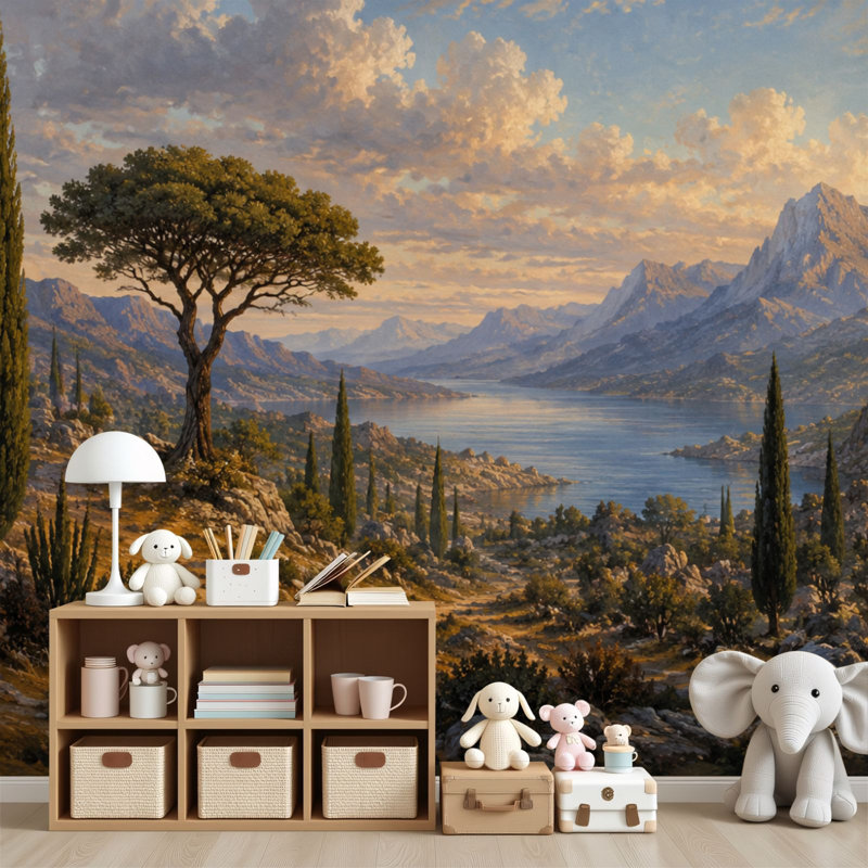 Papier peint auto-adhésif paysage méditerranéen Cypress Trees Mountain View, L 96 po x l 69 po