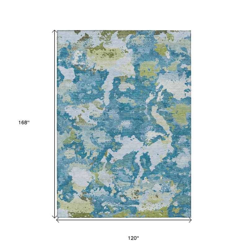 Tapis extérieur lavable abstrait bleu et vert olive 10 pi x 14 pi, Rectangle 10 pi x 14 pi
