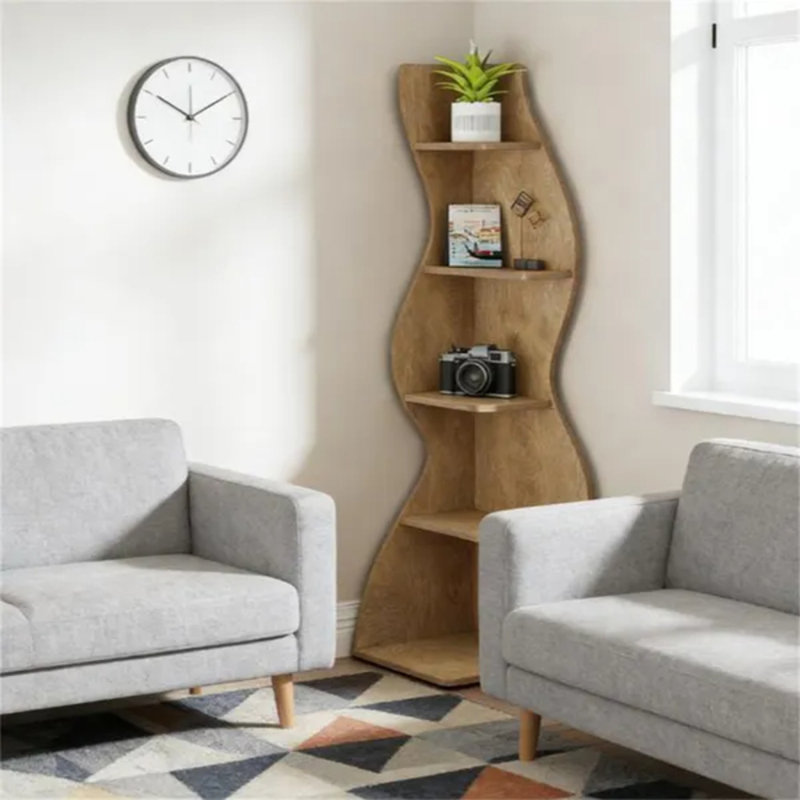 Étagère d'angle marron vintage à 5 niveaux, tablette compacte avec motifs inspirés des herbes marines, construction robuste en panneaux de qualité supérieure pour la maison et le bureau.
