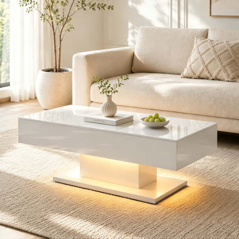 110x55x50cm High Gloss Coffee Table with 16 Colors LED Lights, White