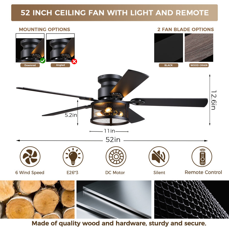 Ventilateur de plafond de 52 pouces avec éclairage et télécommande, ventilateur de plafond de ferme avec éclairage DEL pour la chambre à coucher