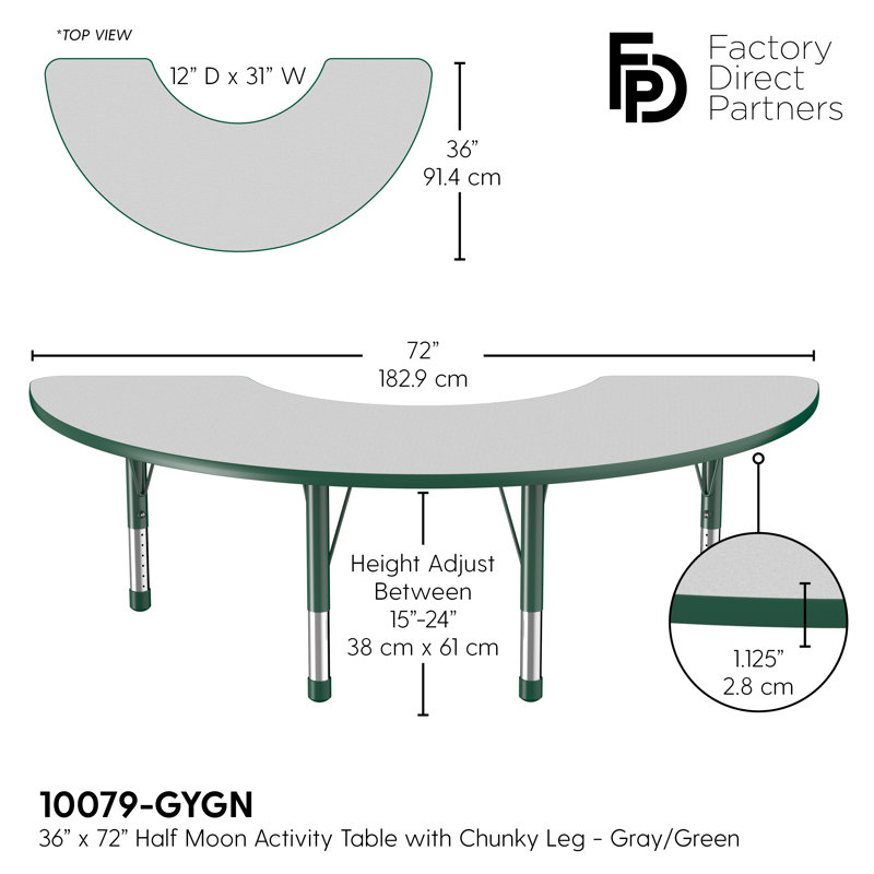 Table d'activité demi-lune 36 "x 72" avec pieds réglables, Gris/vert, Épais