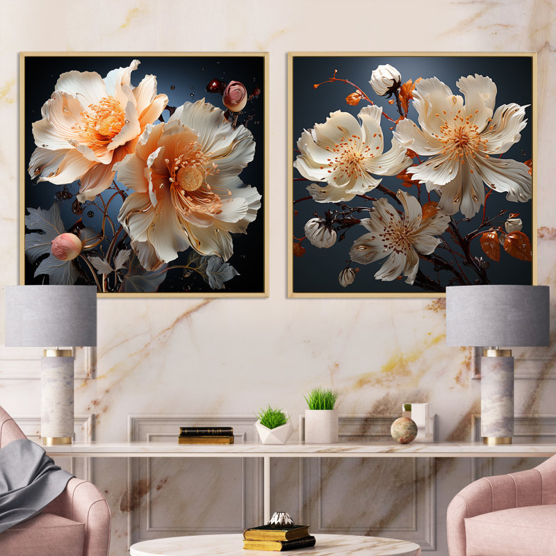 Ensemble de 2 collages carrés Hibiscus, Cadre flottant brun, H 36 po x l 73 po