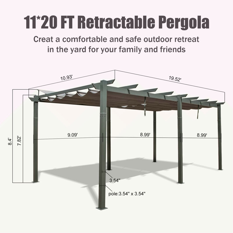 Pergola rétractable d'extérieur 11 x 20 pi avec abri de jardin en aluminium résistant aux intempéries