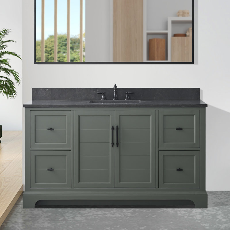 Ensemble de meuble-lavabo sur pied simple 60 po avec plateau en pierre noire Twicken, Vert rétro