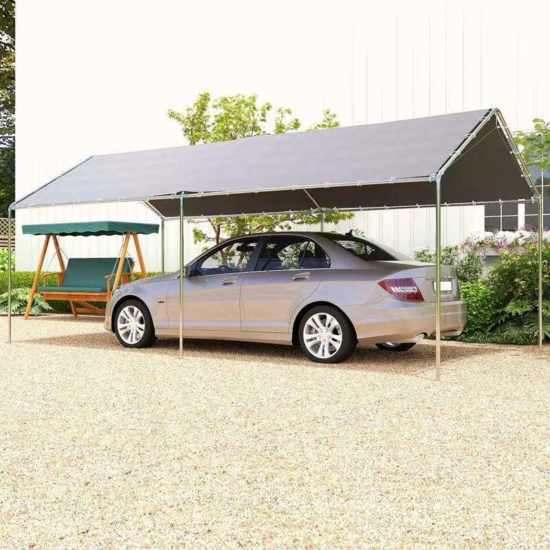 Abri pour voiture robuste de 10 pi x 20 pi Outsunny avec ensemble d'ancrage inclus, 3 câbles en acier renforcé, Gris