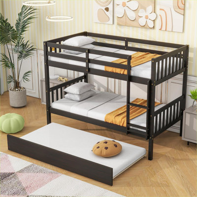 Lit superposé simple au-dessus de simple en bois d'hévéa massif, finition brune convertible en deux lits simples avec lit gigogne pour chambre d'enfant et d'invité