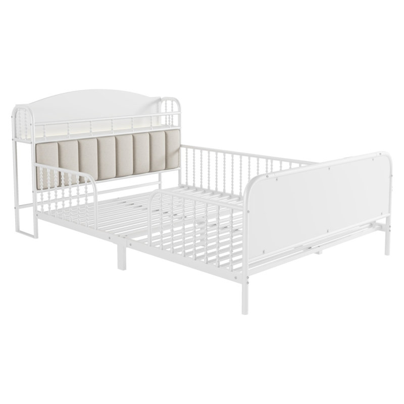 Structure de lit plateforme double en métal avec lumière, lit double en métal pour enfants avec tête de lit tapissier et rangement, blanc (date d’arrivée prévue 2025/10/5)