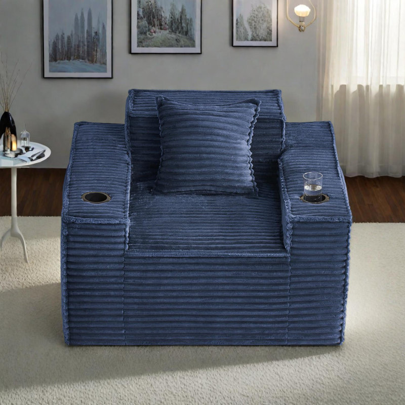 Fauteuil d'appoint Boneless en velours côtelé avec porte-gobelets, Bleu