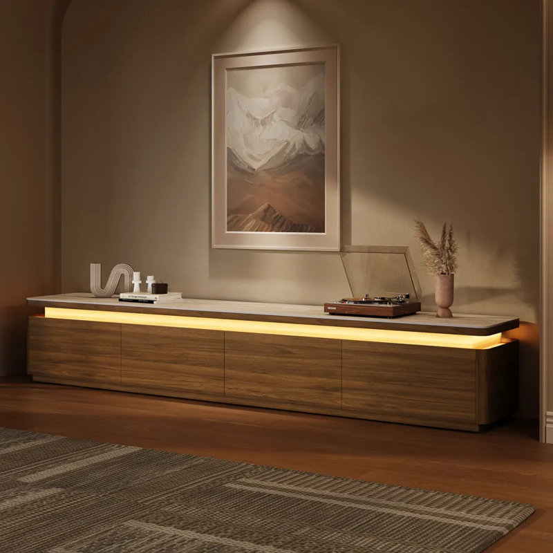 Modern TV Stand With Adjustable LED Lights, Sintered Stone Top, Fully Assembled, Brown/Beige, 15.75"H x 94"L x 15.95"W
