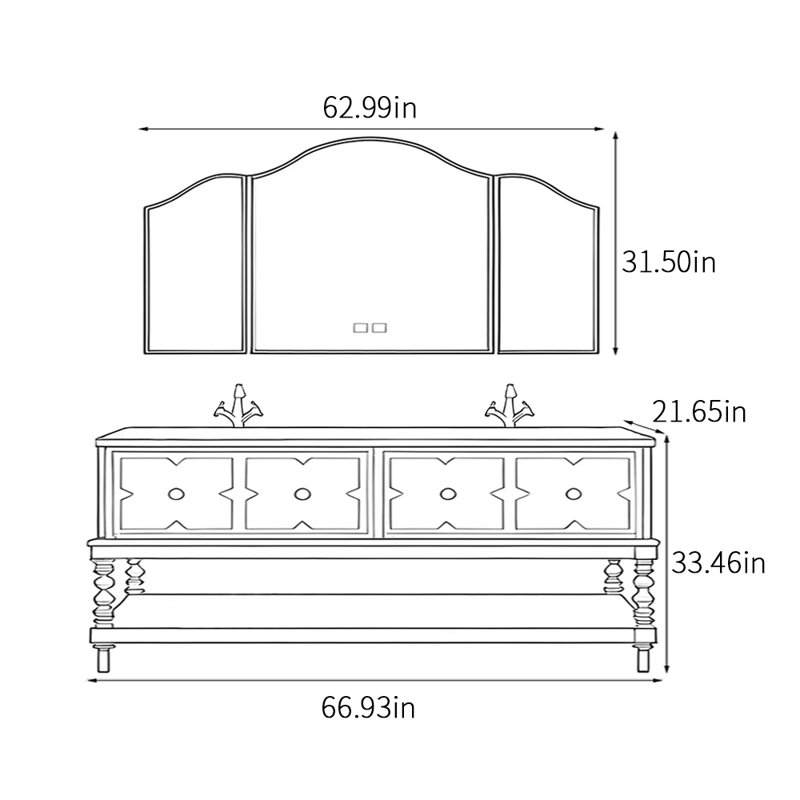 Armoire de salle de bain de style américain sur pied, H 33,46 po x l 66,93 po x P 21,65 po, Noir
