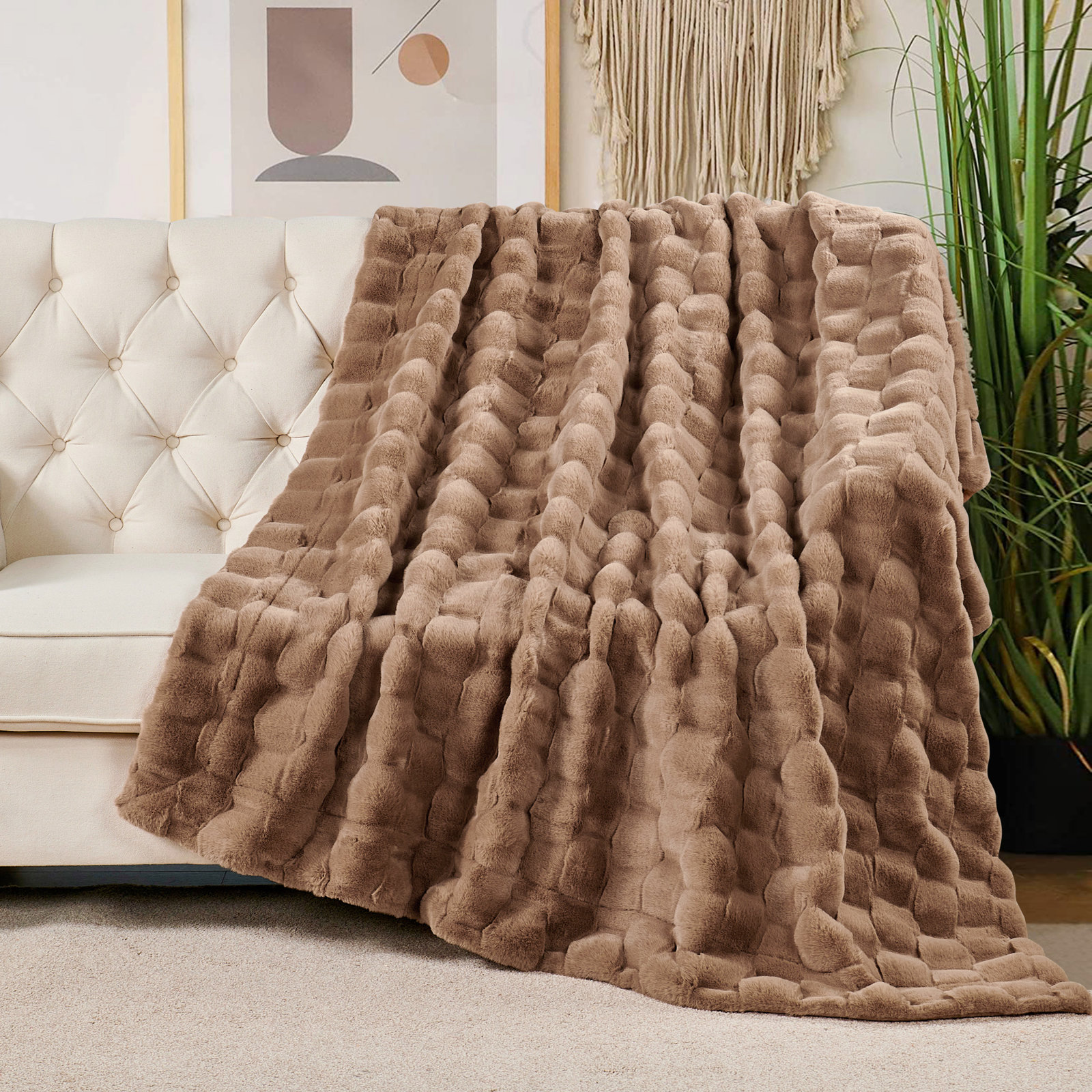 Biscoe Faux Fur Knitted Throw Blanket, Taupe, 50"W x 70"L