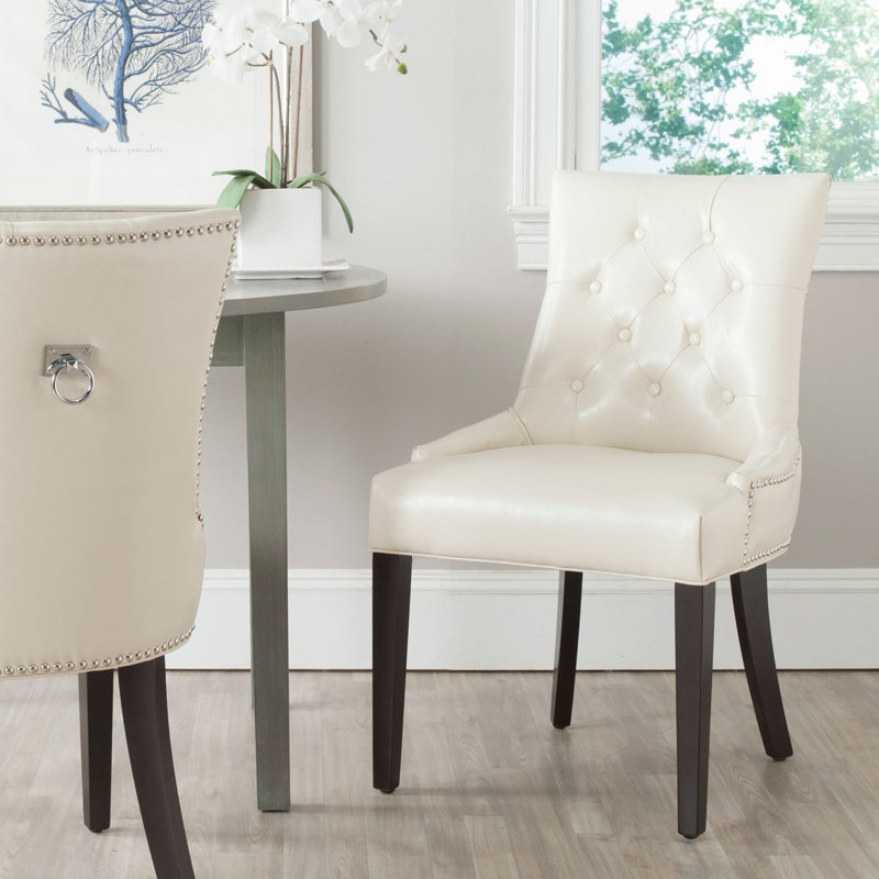 Flat Cream Leather Parsons Dining Chairs with Wood Legs, Set of 2