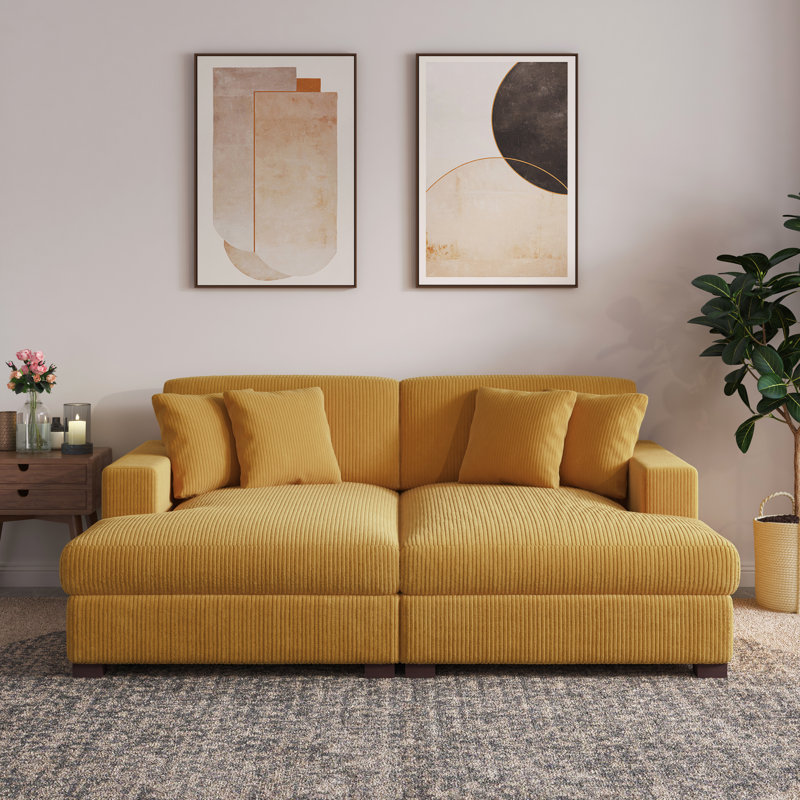 Oversized Upholstered Orange Corduroy Sleeper Sofa Bed Lounge sofa with Armrests & Throw Pillows, Orange