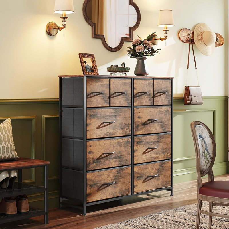 Commode pour chambre à coucher avec 10 tiroirs, commode large en tissu pour le rangement et l'organisation, commodes de chambre à coucher, commode pour le salon, placard, couloir, imprimé grain de bois brun rustique