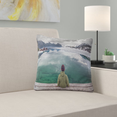 Boy Looking at Clear Mountain Lake - Landscape Printed Pillow