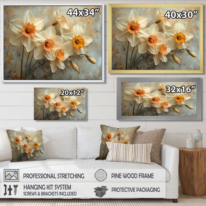 Jaune jaune blanc fragiles jonquilles - jonquilles murales salon, Cadre flottant noir, H 16 po x l 32 po