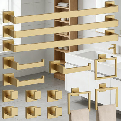 15-Piece Brushed Gold Bathroom Accessories Set, Stainless Steel Wall Mounted Hardware Includes Towel Bars, Rings, Toilet Paper Holder And Hooks, Rust-Resistant For Modern Bathroom Organization