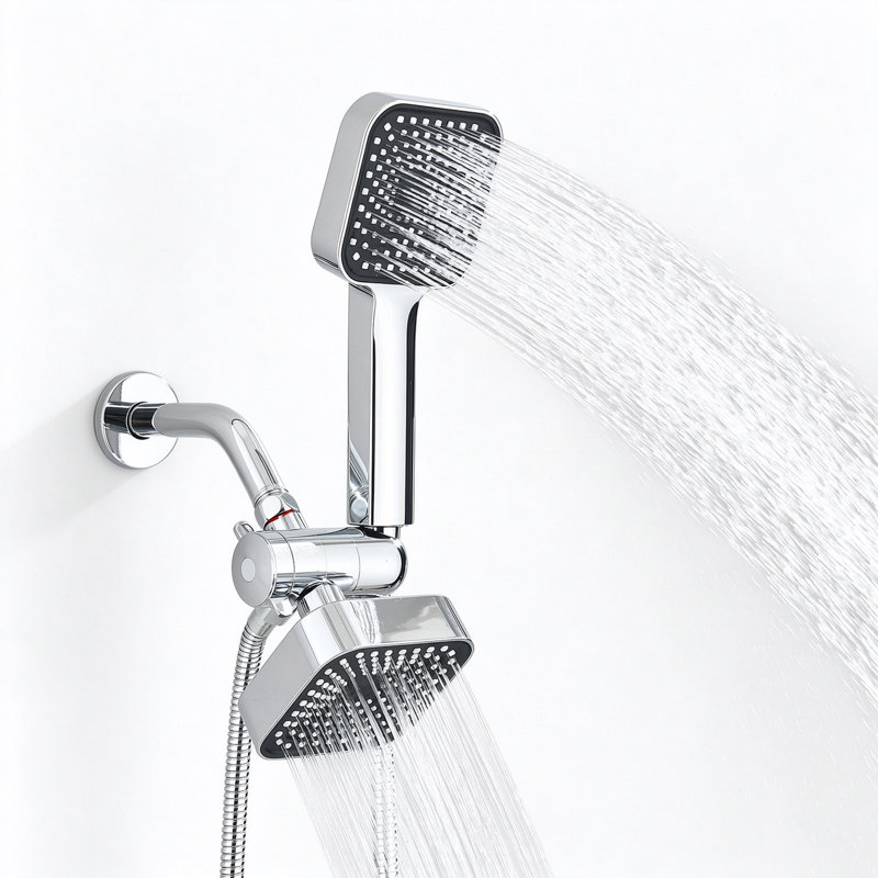 4 Inch Square Dual Shower Head Combo Chrome Plated Plastic Rainfall Shower and Handheld Shower Set with Diverter and 1.5m Hose Without Shower Arm