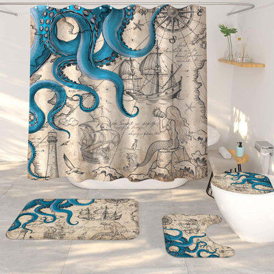 4 Pcs Vintage Nautical Octopus Shower Curtain Sets