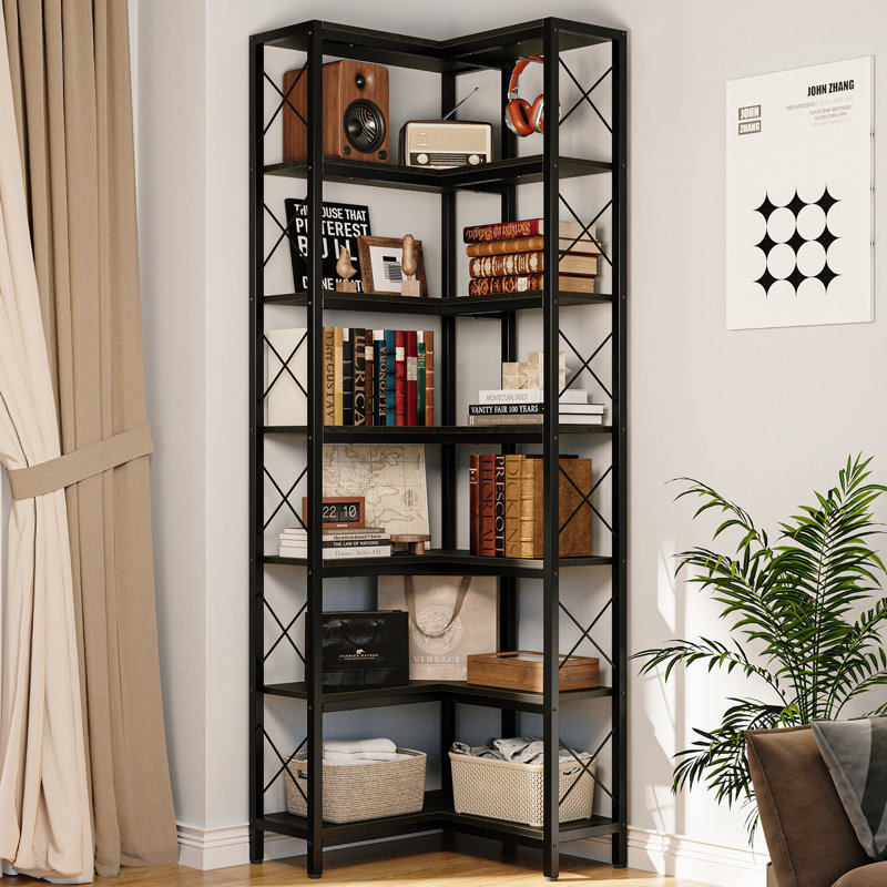 7-tier Industrial Corner Bookcase For Living Room Home Office, Black