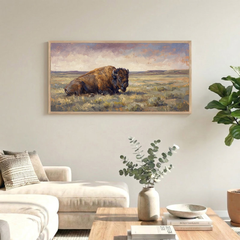 Tableau sur toile représentant un bison brun couché dans une plaine herbeuse, L 46 po x H 24 po