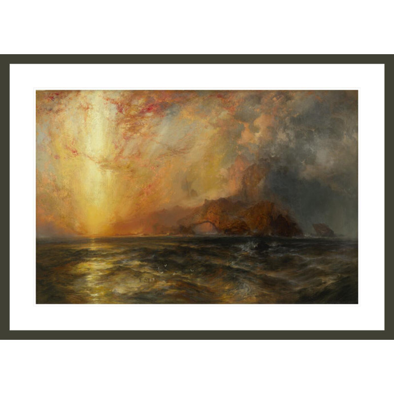 Férocement le soleil rouge qui descend / brûle son chemin le long des cieux par Thomas Moran - Estampe numérique encadrée
