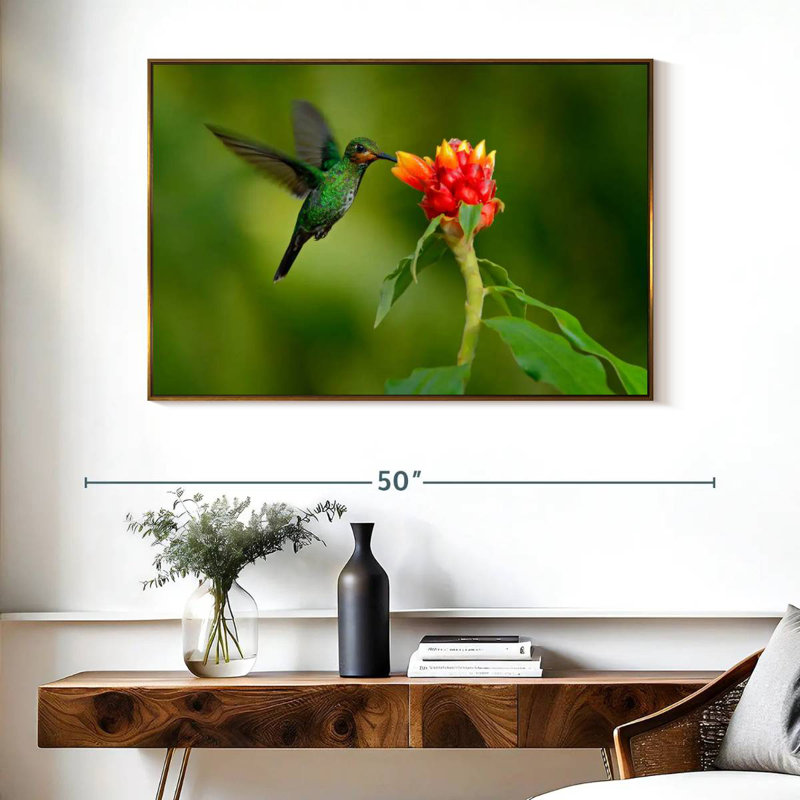 Fleur et colibri vert, Cadre flottant doré, 40 po x 27 po