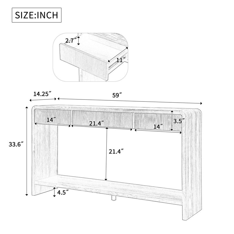 Console de 59,02 po à 3 tiroirs, table d'appoint à bords arrondis pour vestibule, couloir ou canapé derrière, Noir