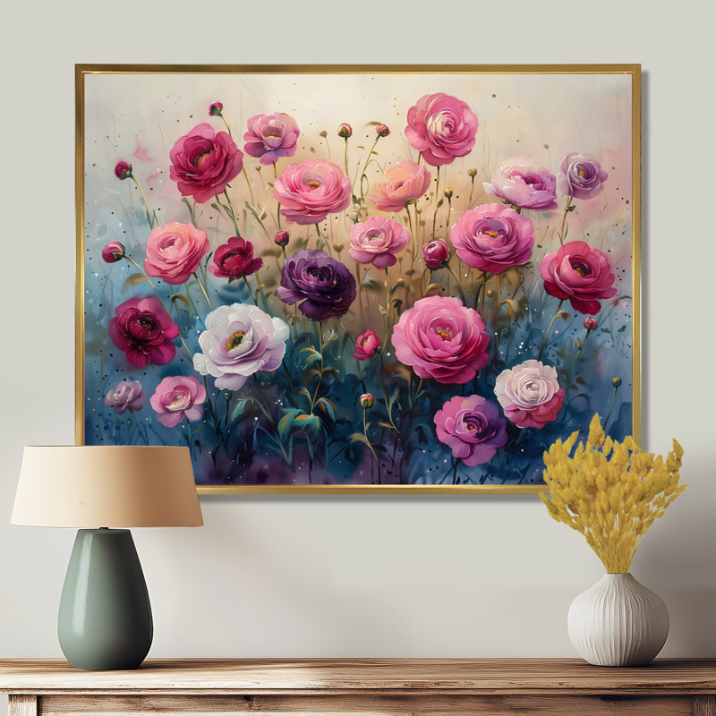 Jardin de l'amour rose bleu Renoncule - Renoncule, art mural, salon, Cadre flottant doré, H 30 po x l 40 po