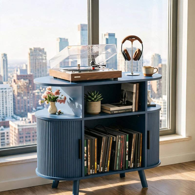 Support pour lecteur de disques Mid-Century avec station de charge, armoire de rangement en vinyle Mid-Century avec USB, bleu