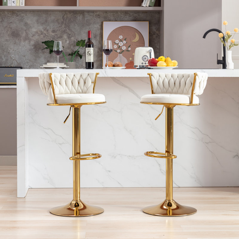 Aryelle Velvet Upholstered Bar Stools with Woven Backrest, Height Adjustable Counter Stools with Low Back, Swivel Kitchen Stools for Kitchen Island, Bar, Pub