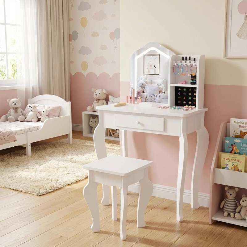 Ensemble de coiffeuse pour enfants avec miroir et tabouret lumineux, Blanc