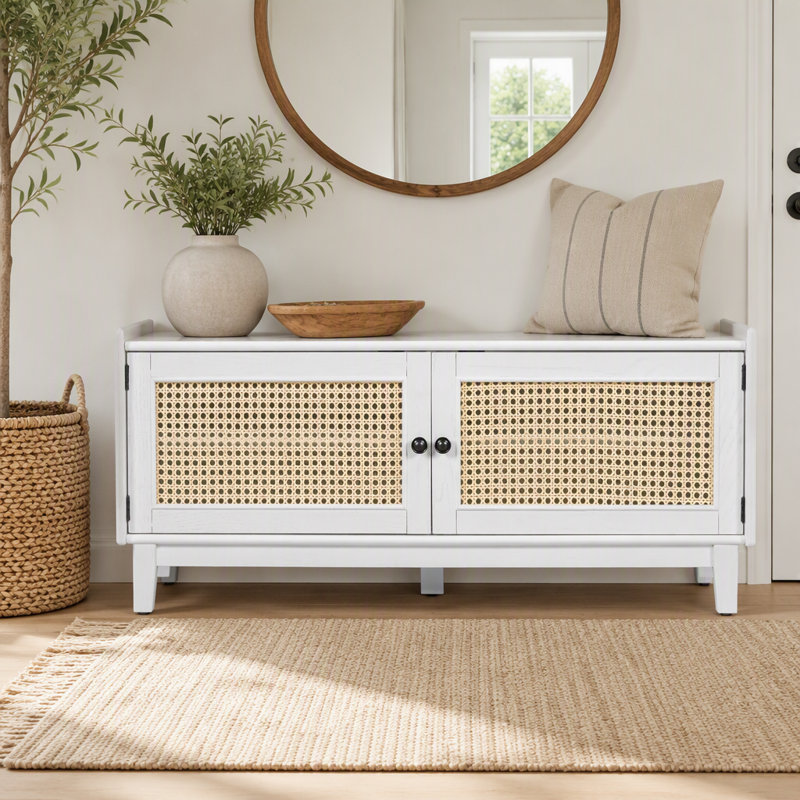 Banc en rotin avec rangement pour chaussures Boho, Beige, blanc