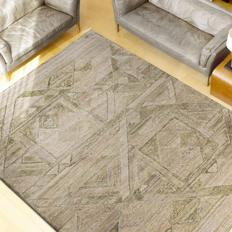 Hand Knotted Wool Abstract Area Rug in Beige/Light Green, Rectangle 12' x 15'