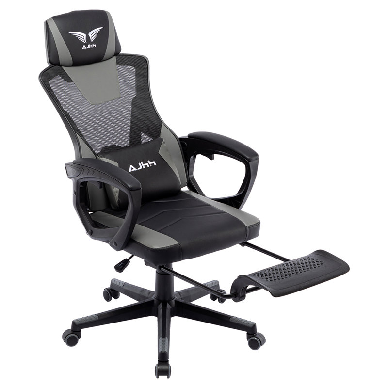 Fauteuil de jeu de course et de course réglable, inclinable et ergonomique en similicuir avec repose-pieds, Gris / noir