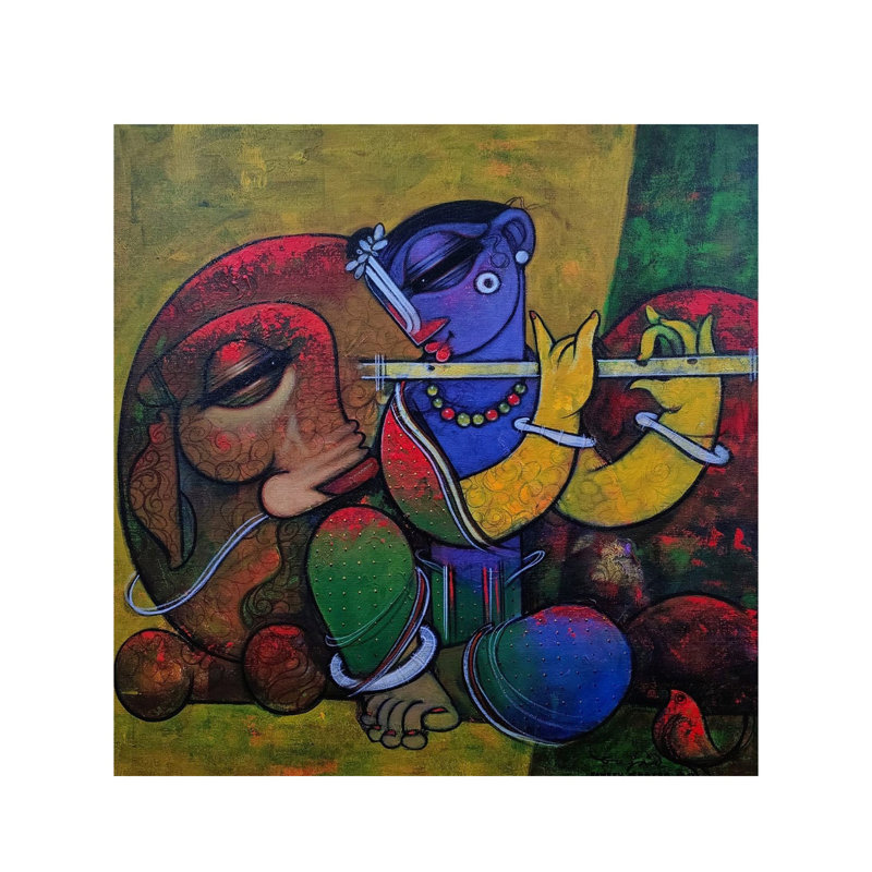 Lord Krishna avec vache | Acrylique sur toile | Par Ramesh Gujar