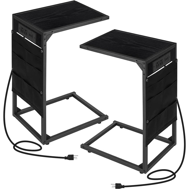End Table Set Built-In Outlets, Black, Black