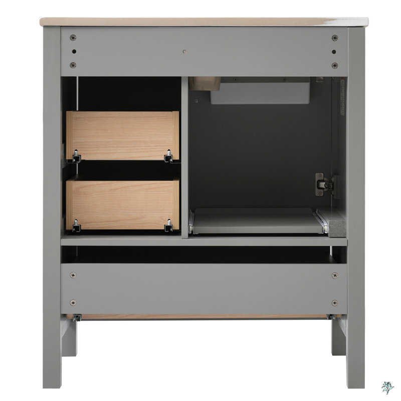 Ensemble de meuble-lavabo 30 po avec lavabo, porte à fermeture en douceur, 3 tiroirs à fermeture en douceur et plateau amovible, structure en bois massif