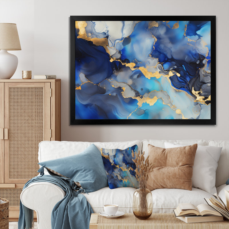 Décoration murale abstraite bleue et dorée de luxe VI - Fractales, H 30 po x l 40 po x P 1,5 po, Cadre photo noir
