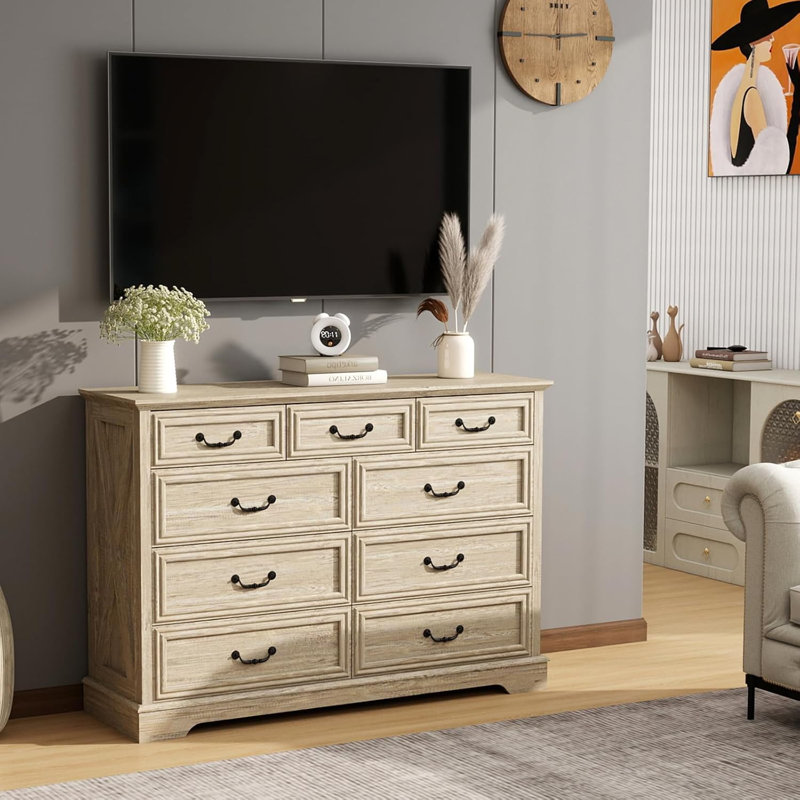 52"W Farmhouse 9-Drawer Dresser, Wood Chest Of Drawers With Spacious Storage For Bedroom, Living Room & Entryway, Natural