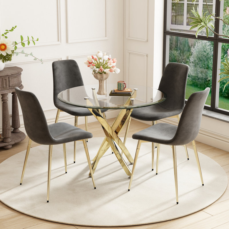 5 - Piece Glass Top Pedestal Dining Set, Gold, Gray/Gold