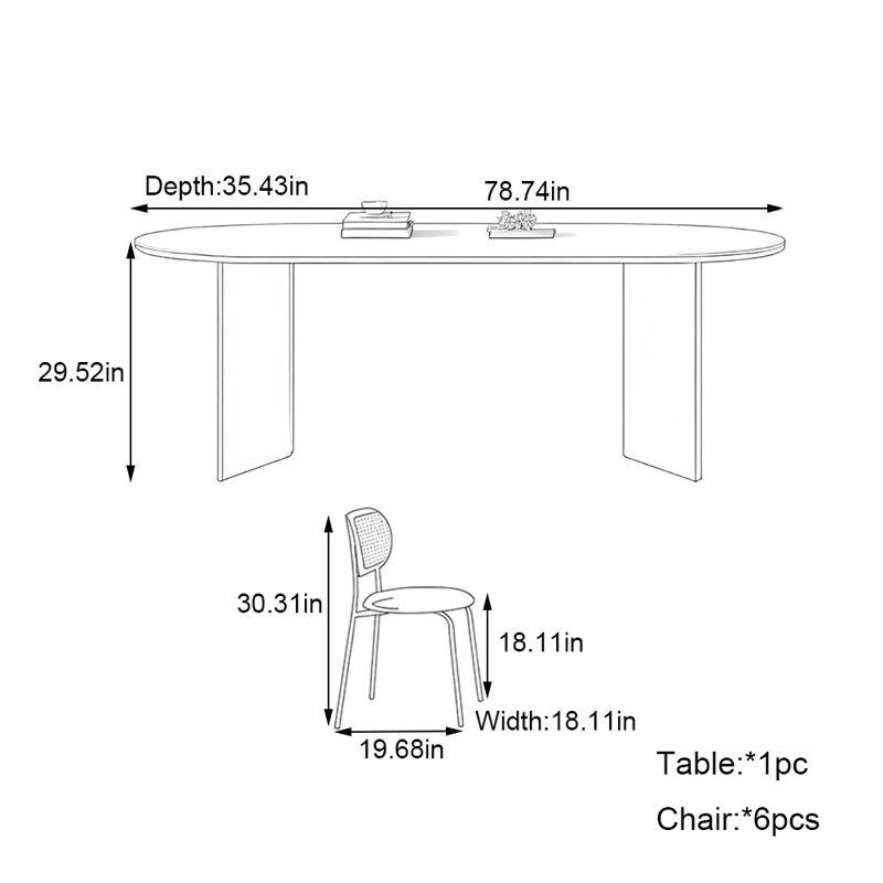 Table et chaises simples en bois massif blanc pur, H 29,52 po x L 78,74 po x l 35,43 po