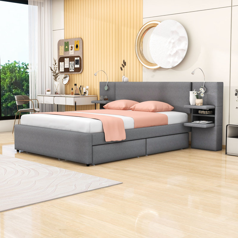 Grand lit plateforme tapissier 2 tiroirs avec lit gigogne et rangement, gris
