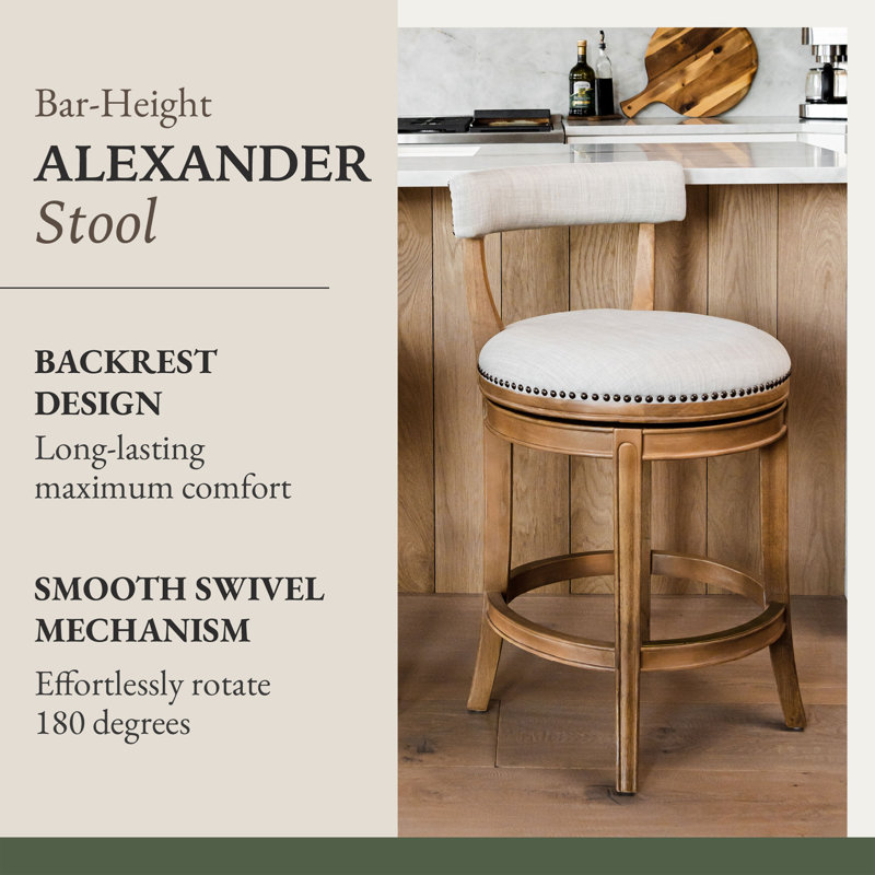 Alexander 31-Inch Weathered Oak Swivel Bar Stool with Upholstered Seat