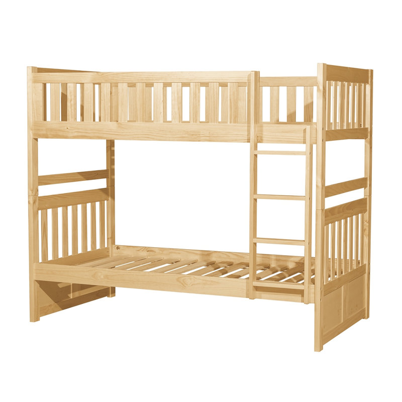 Lit superposé simple au-dessus de simple avec boîtes de rangement Finition en pin naturel Échelle robuste Mobilier de chambre à coucher transitionnel en bois 1pc