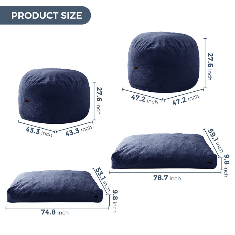 Bean Bag Chair, Blue Polyester, 47.2" H x 47.2" W x 27.6" D