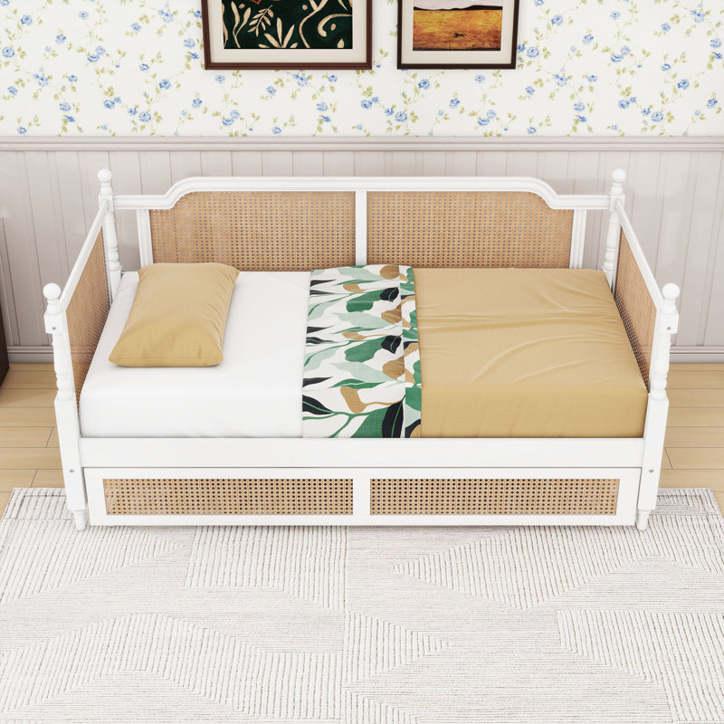 Wood Daybed with Trundle and Rattan Frame, Twin, Antique White