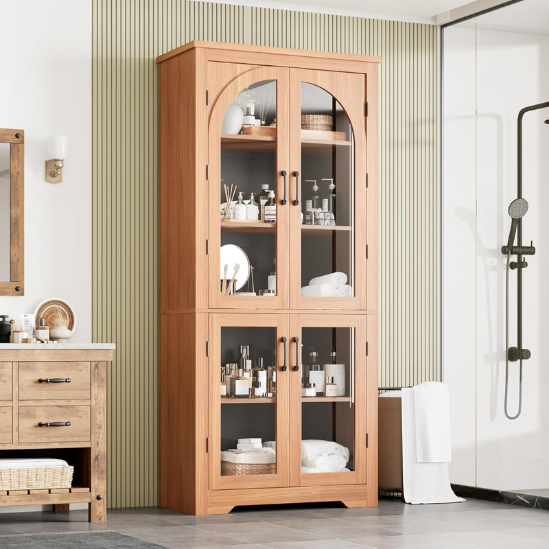 Garde-manger 70 po avec 4 portes en verre arquées et tablettes réglables, armoire de rangement, érable, Tanné